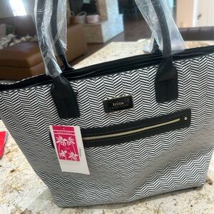 Trina Turk Black & White Herringbone Zip-Front Tote